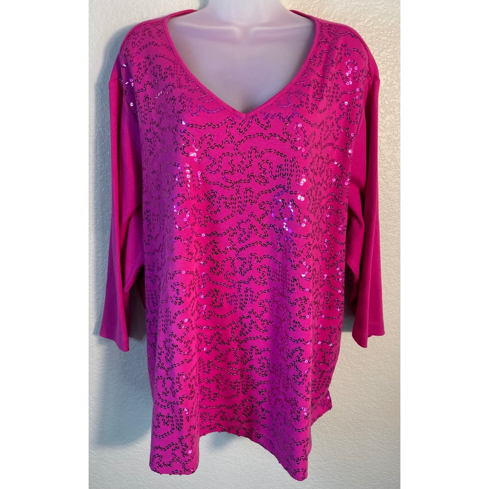 Quacker Factory Womens 3X Top Pink Sequin Embellished 3/4 Sleeve V Neck Cotton
